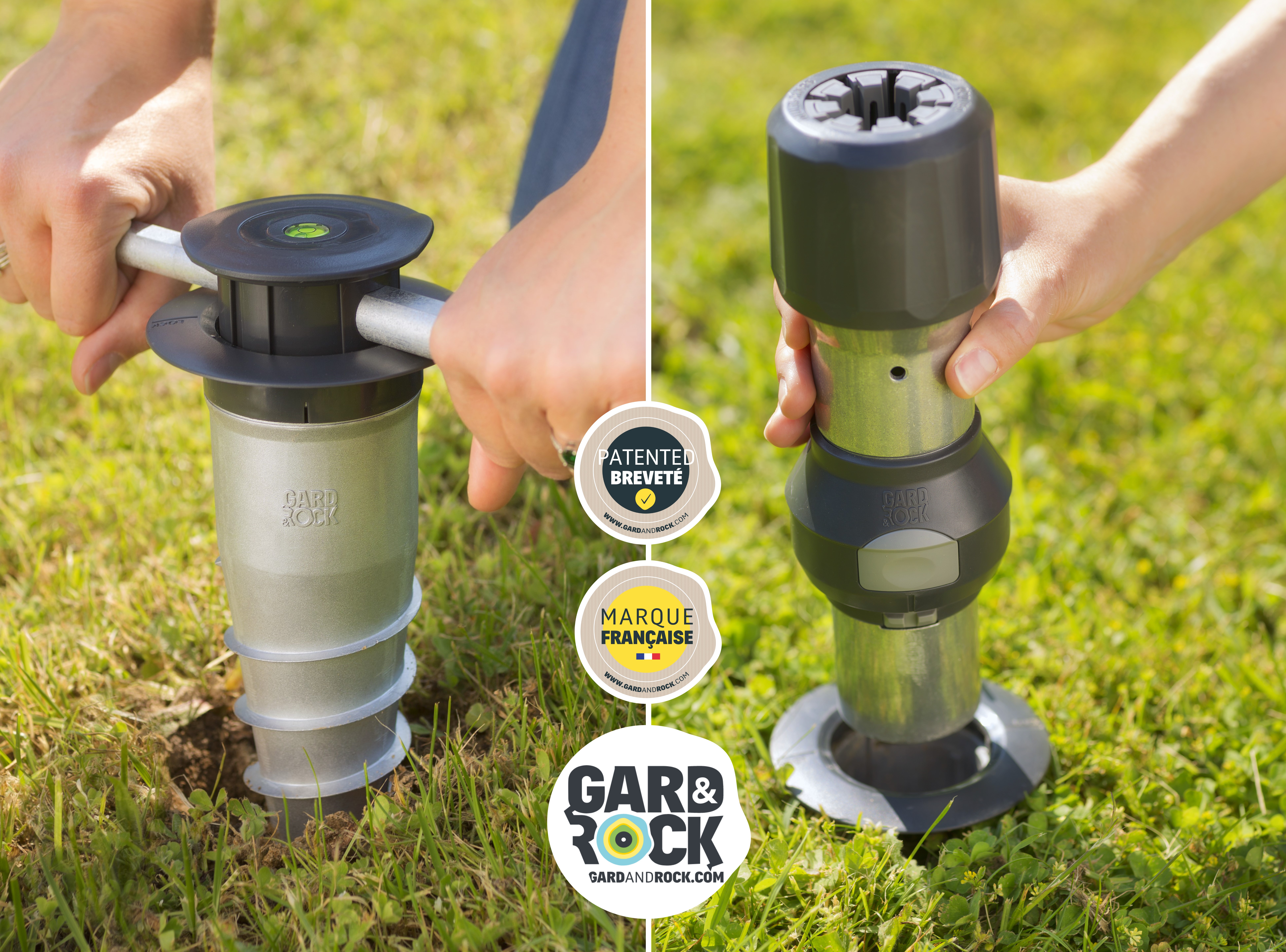 Base de anclaje atornillándose en el suelo con el soporte de parasol encajado