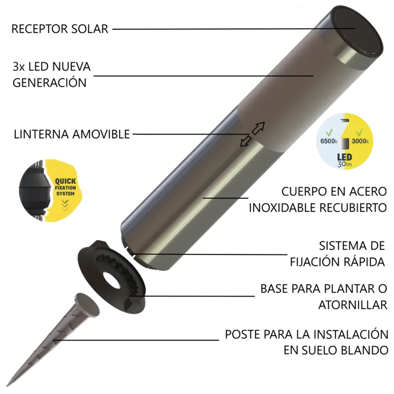 Lámpara solar desmontable: sensor fotovoltaico, LED de alta eficiencia, fijación múltiple, cuerpo de acero cepillado.