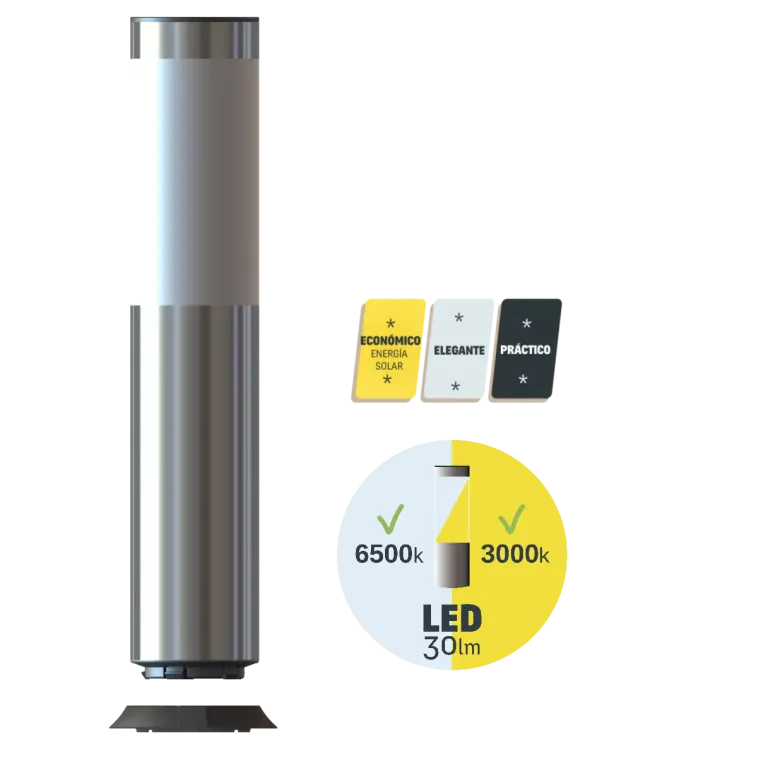 Luz solar encajándose en su base, energía autónoma, diseño elegante y práctico, pictogramas visibles.