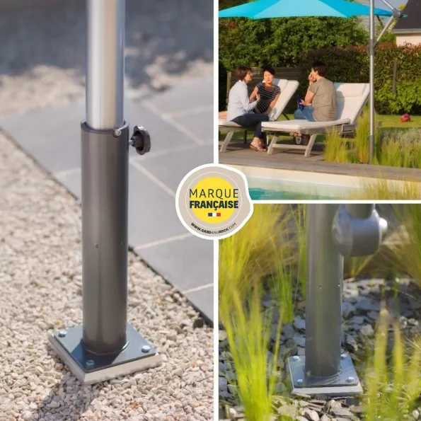 Base au ras du sol sans dalle de lestage pour parasol déporté, pour tondre sans obstacle